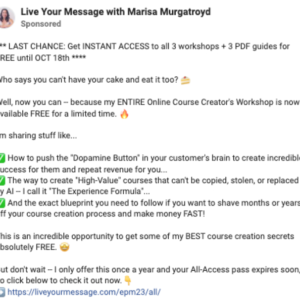 0066 – Marisa Murgatroyd – FB ad 2 to free workshop ad to free workshop